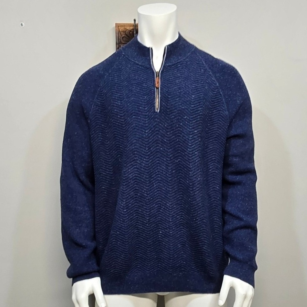 Tommy Bahama 1/4 Zip Sweater XL Navy Cotton Cashmere Mock Neck Herringbone Knit